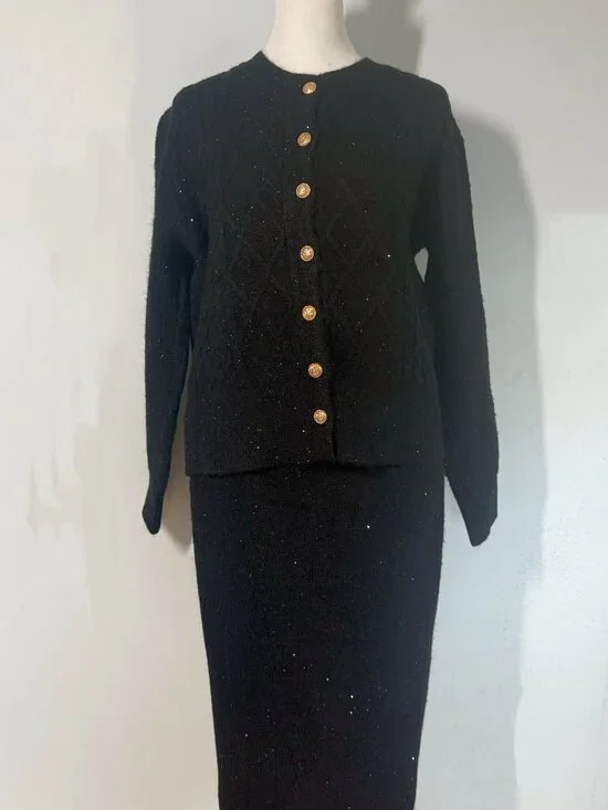 NWT Black Knit Set Gold Button Sparkle Elegant Outfit M - Picture 7 of 8
